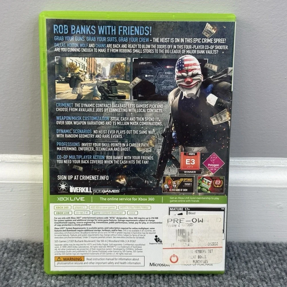 Payday 2 (Microsoft Xbox 360) Complete‎ w/Manual CIB - Tested